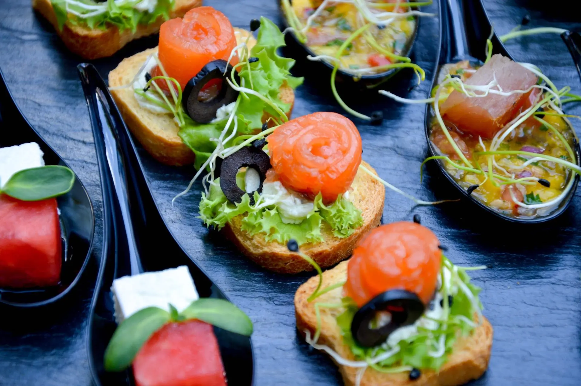 zoomed in image of dished up food on a tray