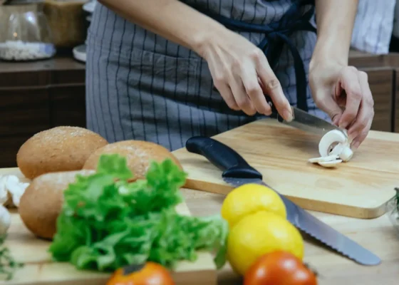 table with food and chopping board