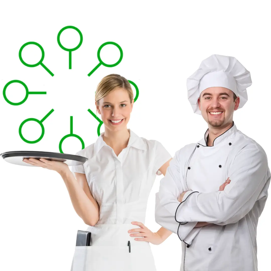 a waitress and a chef recruited through a catering staffing agency